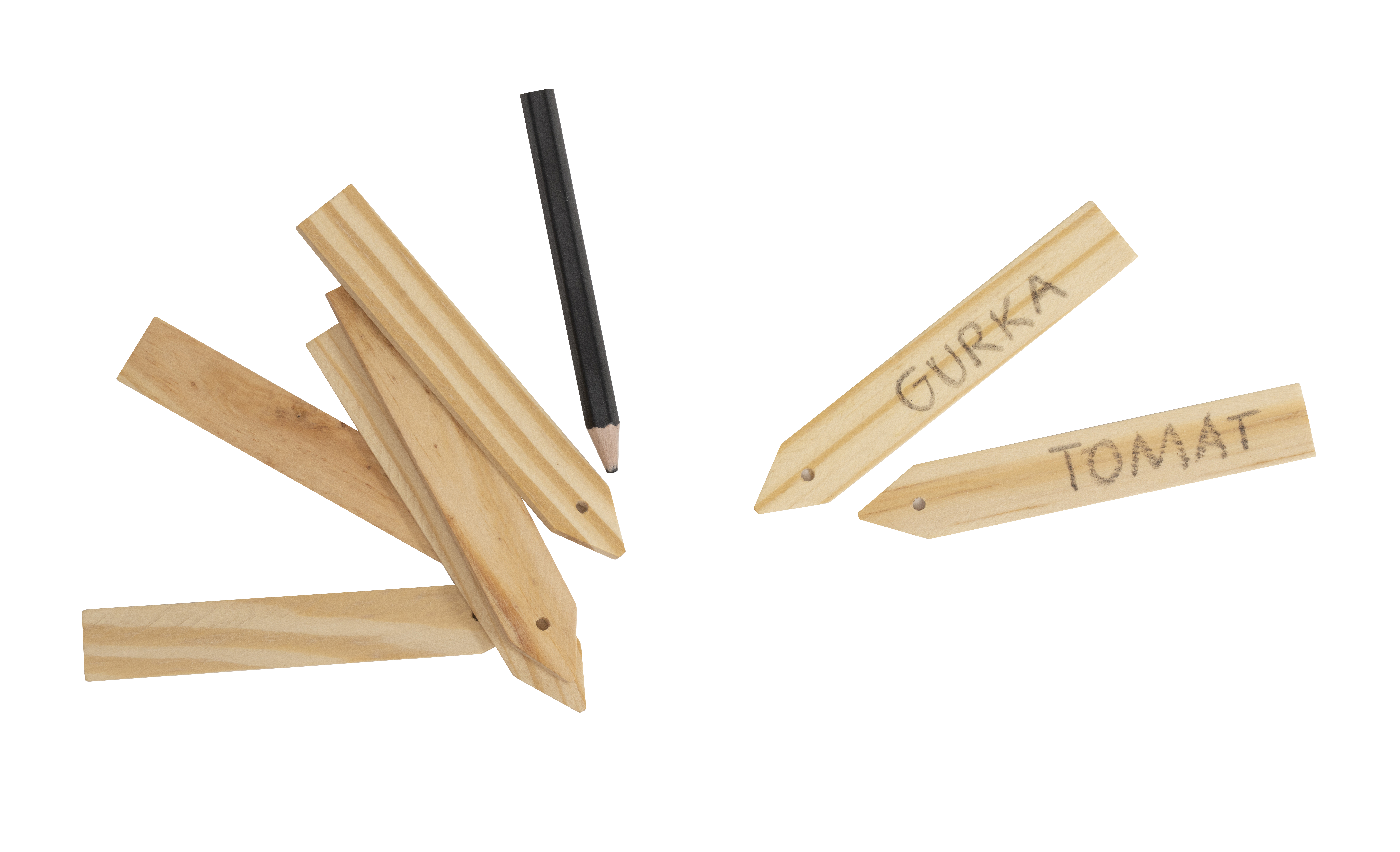 Sticketiketter trä, 10cm, inkl. penna, 20st