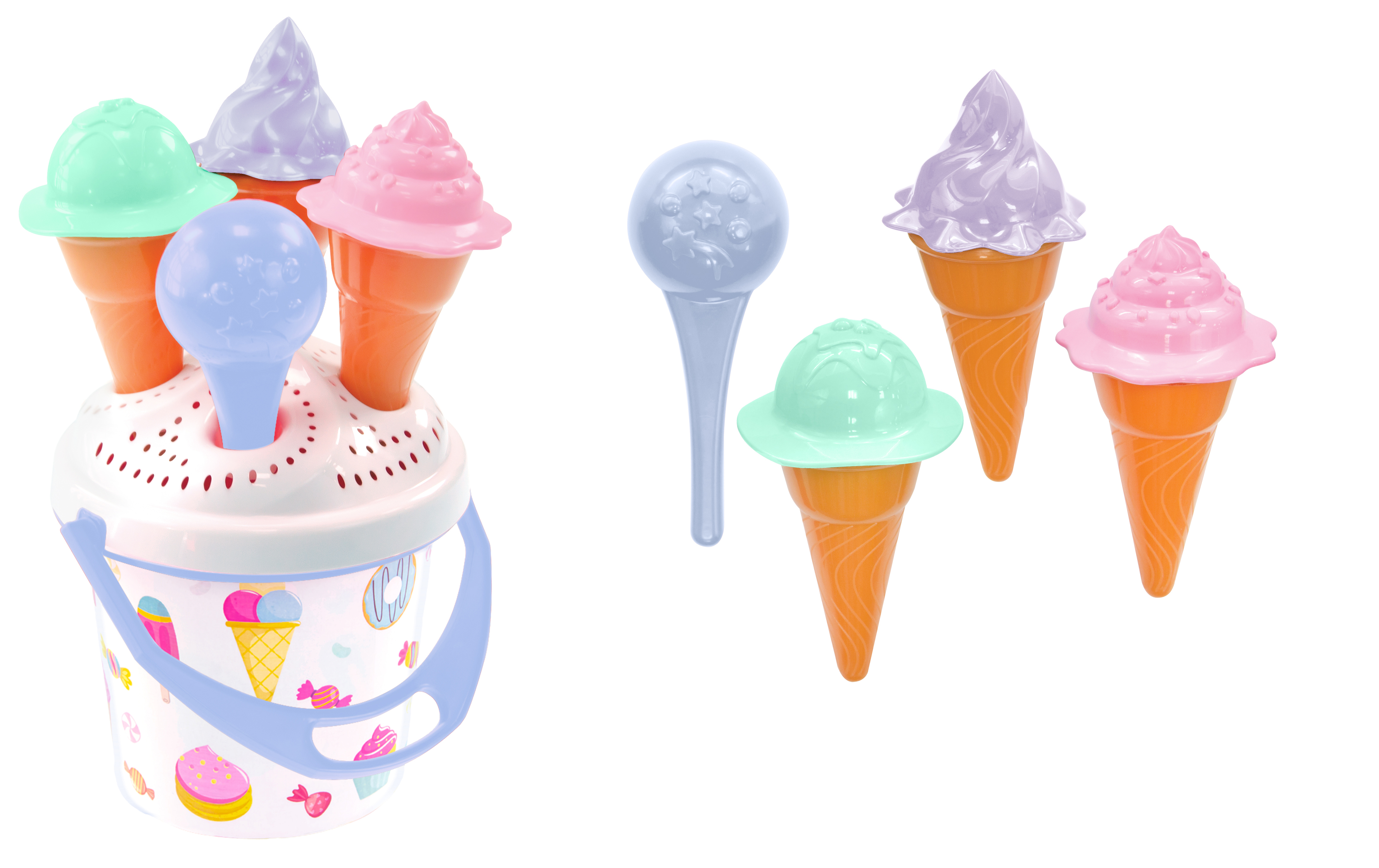 Strandset, glasstrut och skopa