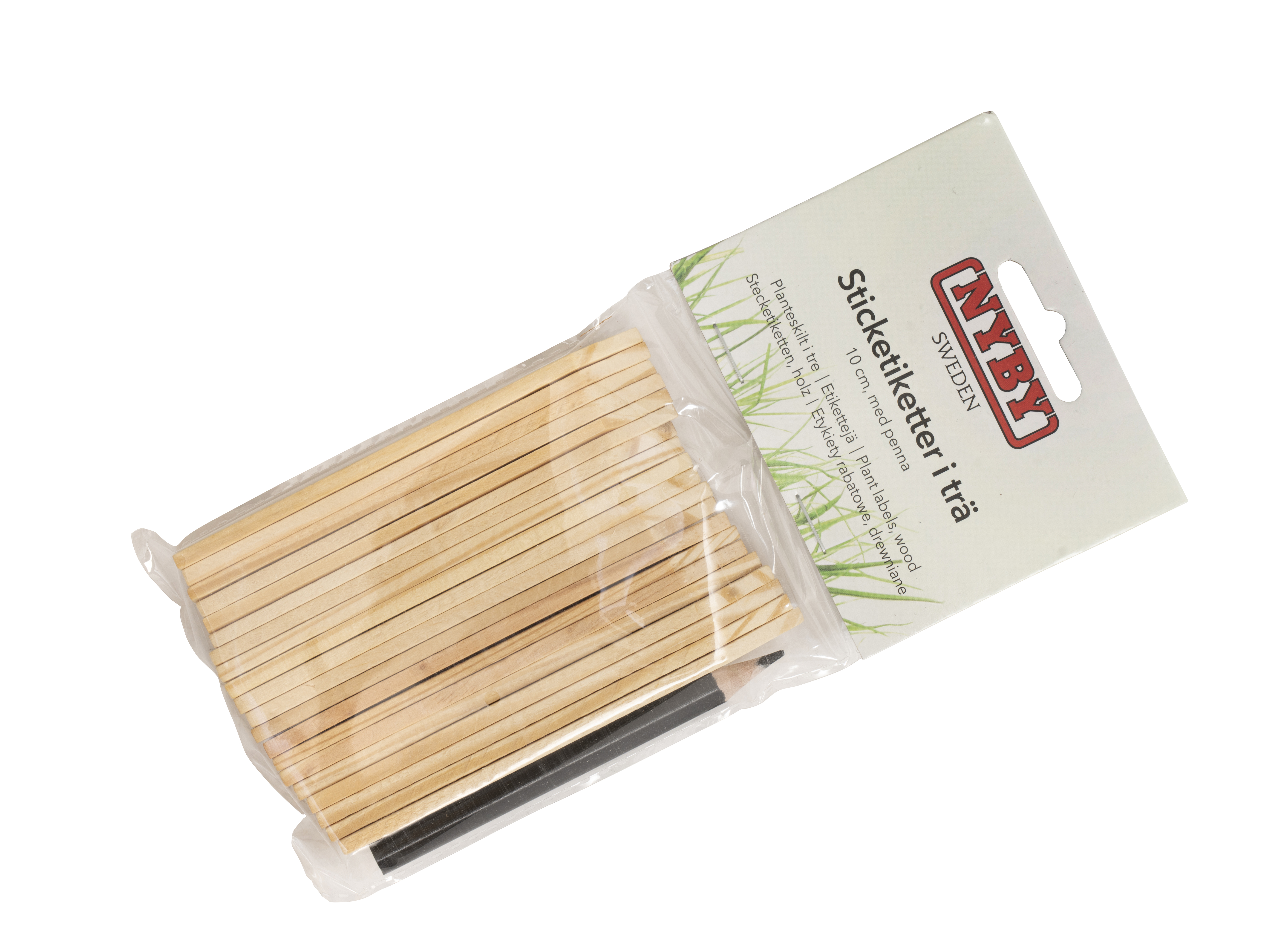 Sticketiketter trä, 10cm, inkl. penna, 20st